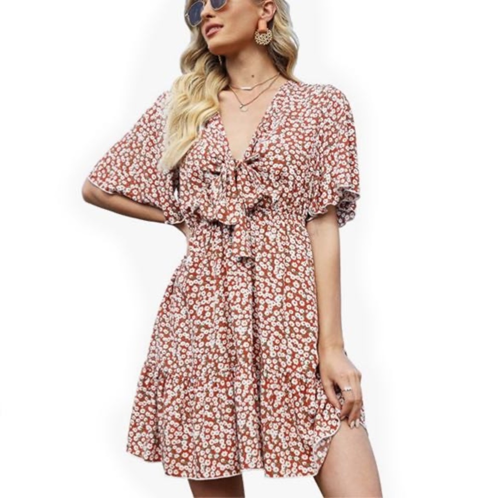 Summer Dresses Short Sleeve V-Neck Floral Ruffle Wrap Casual Swing Mini Dress